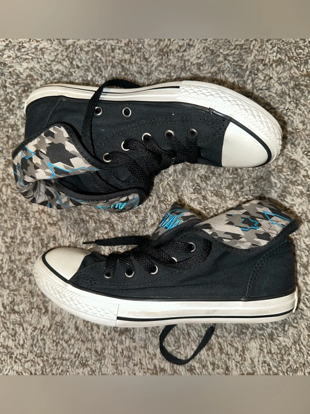 Converse Kids Black High-Top Sneakers with Gray and Blue Camo Lining